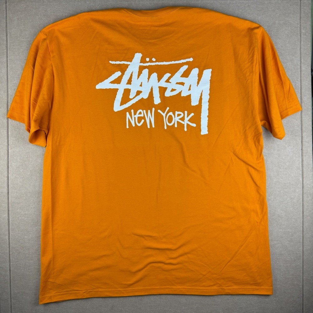 Stussy New York Shirt Mens 2XL Orange Streetwear Skateboard Surf Big Logo Tee